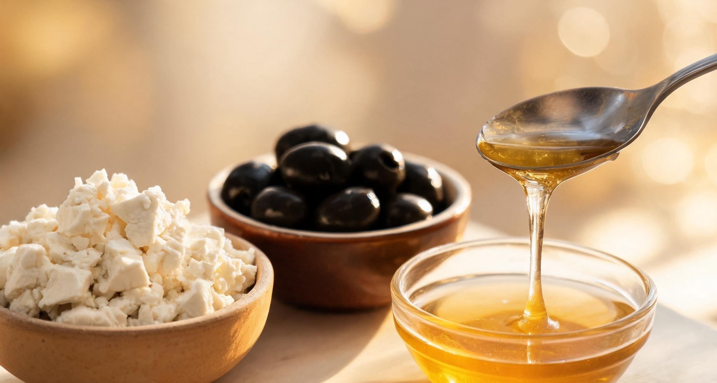 Close-up of Turkish breakfast dishes including cheeses, olives, honey, and fresh bread
