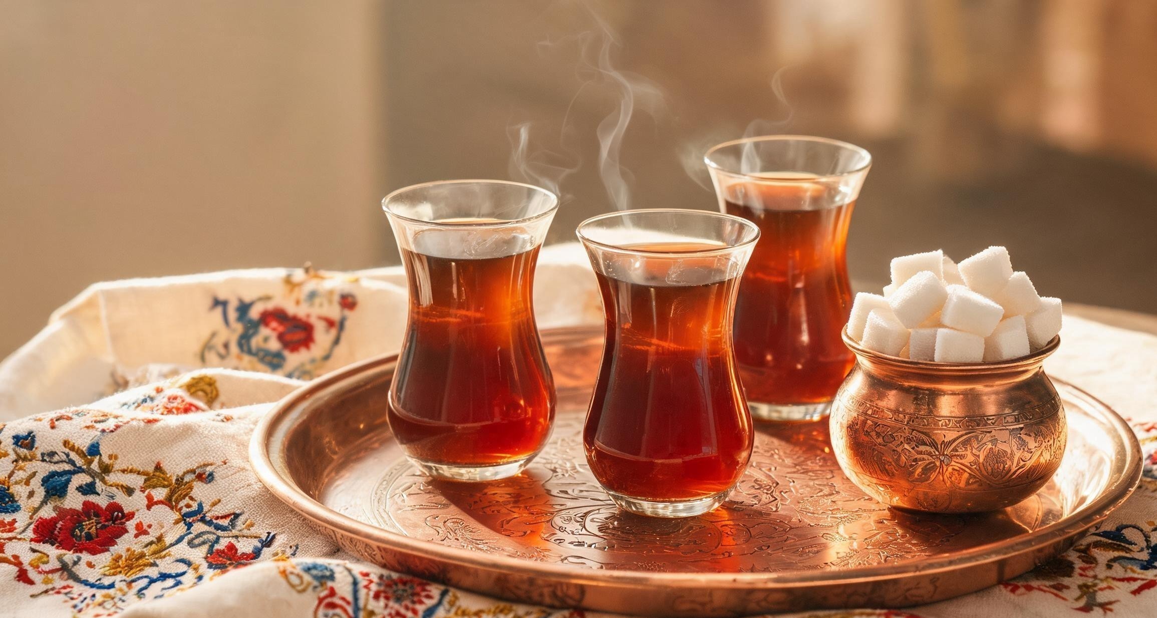 Turkish tea served in tulip-shaped glasses on a breakfast table