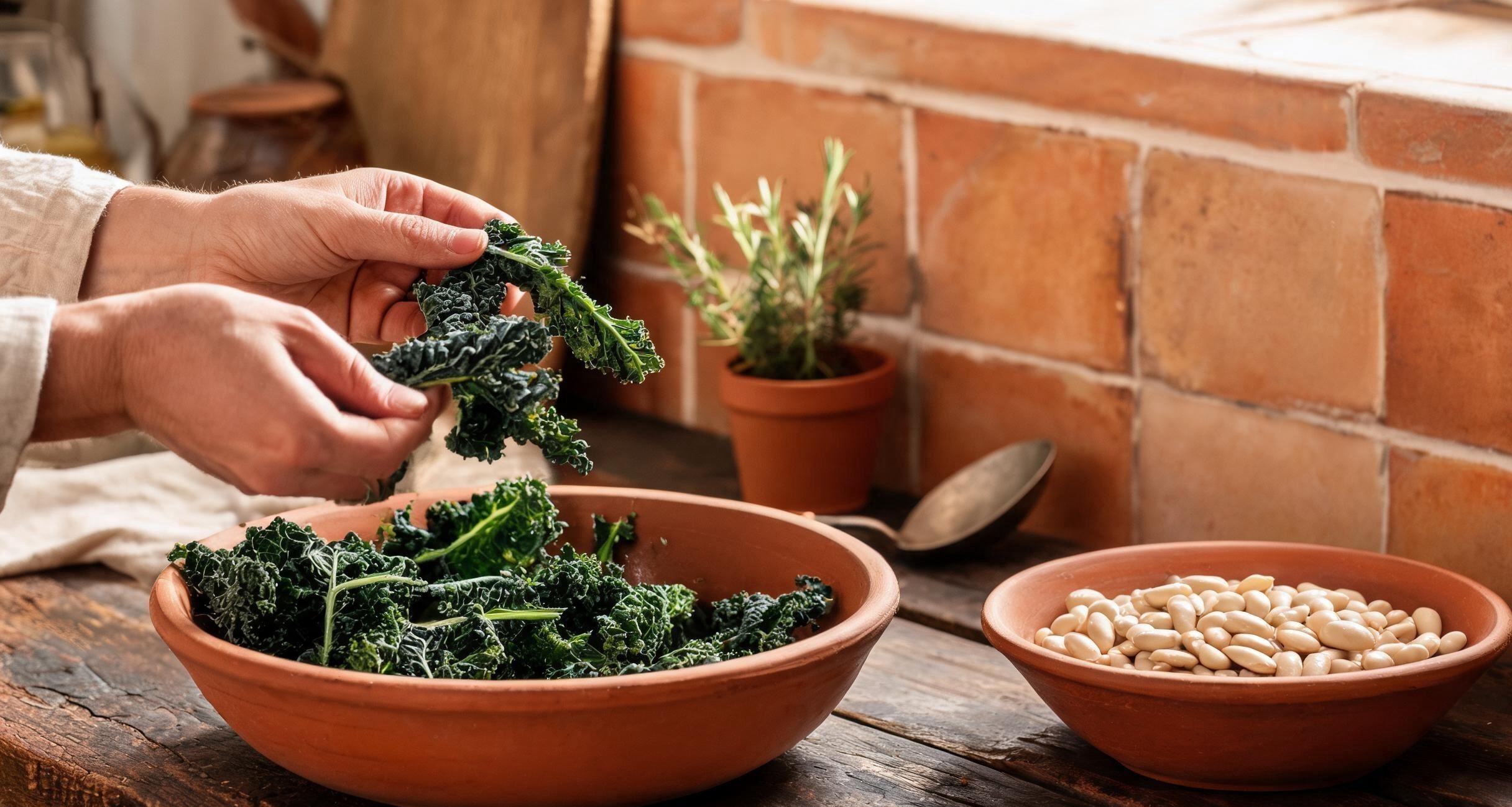 A pot of ribollita with cavolo nero and white beans on a stove