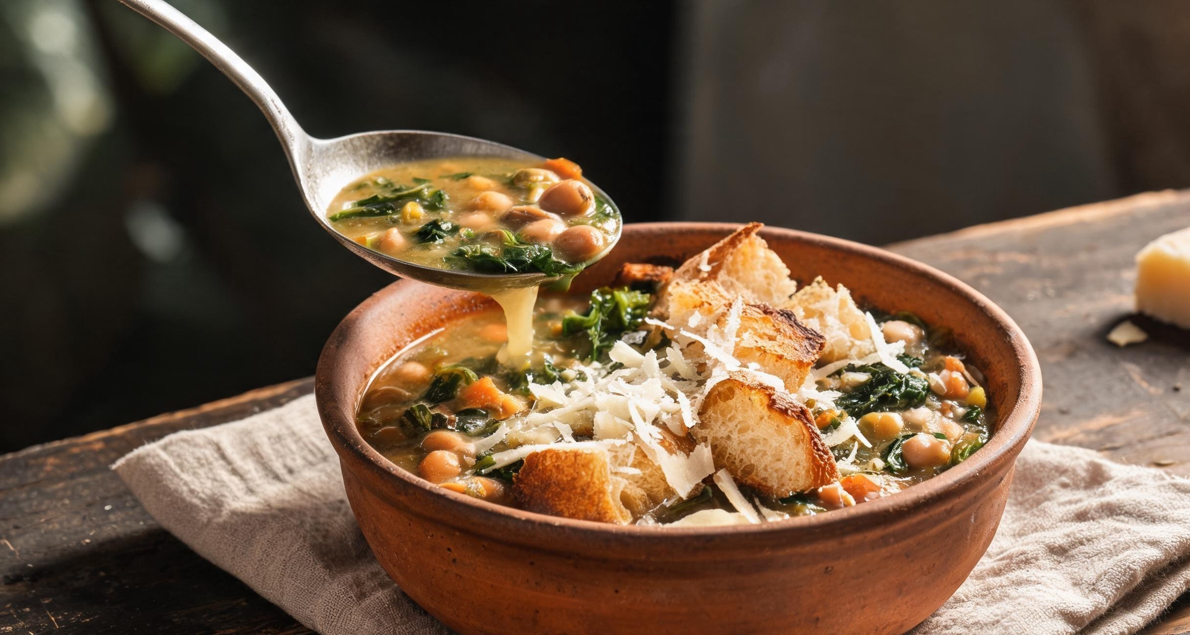 A baking dish of ribollita with a crusty browned top fresh from the oven